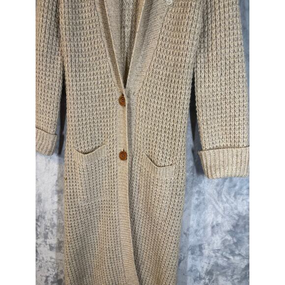 Vintage 70's Maxi Chunky Knit Mohair Wool Cardigan Beige 2 Button Casual Sweater - Picture 5 of 16